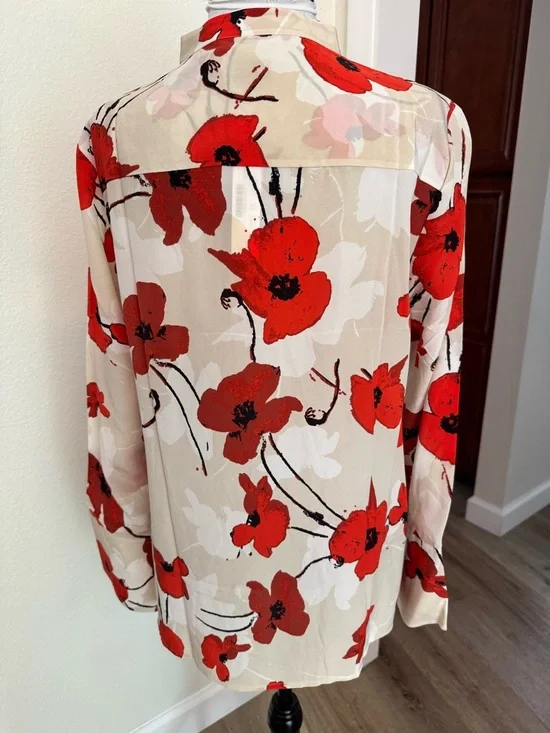 J. Crew Cream Silk Top with Red Poppy & Black Accents NWT - Picture 6 of 9
